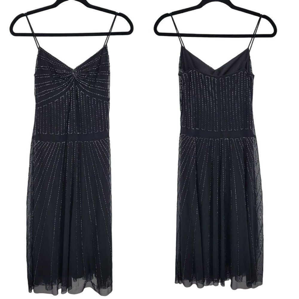 Vintage 90's Midi Slip Dress 2 Black Mesh Beaded Overlay Steampunk Goth Witchy‎